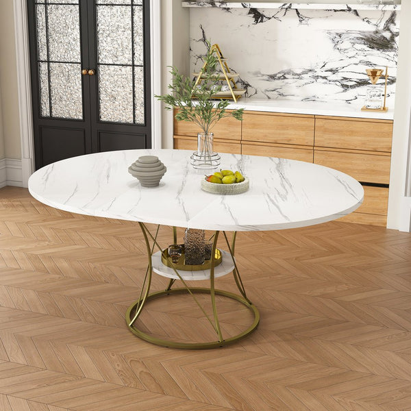 English Elm 43 Inch Expandable Round Dining Table Walnut Veneer Seats Six with Metal Storage Shelf Walnut+Gold W2700P411581