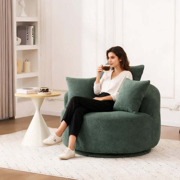 English Elm 360° Swivel Chair upholstered barrel accent chair with plush high-resilience foam and pillows for comfort Antique Green W2231P264471