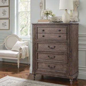 English Elm Middleton Five Drawer Chest Poplar Wood Vintage Hazel Finish with Pewter Hardware B108P468546