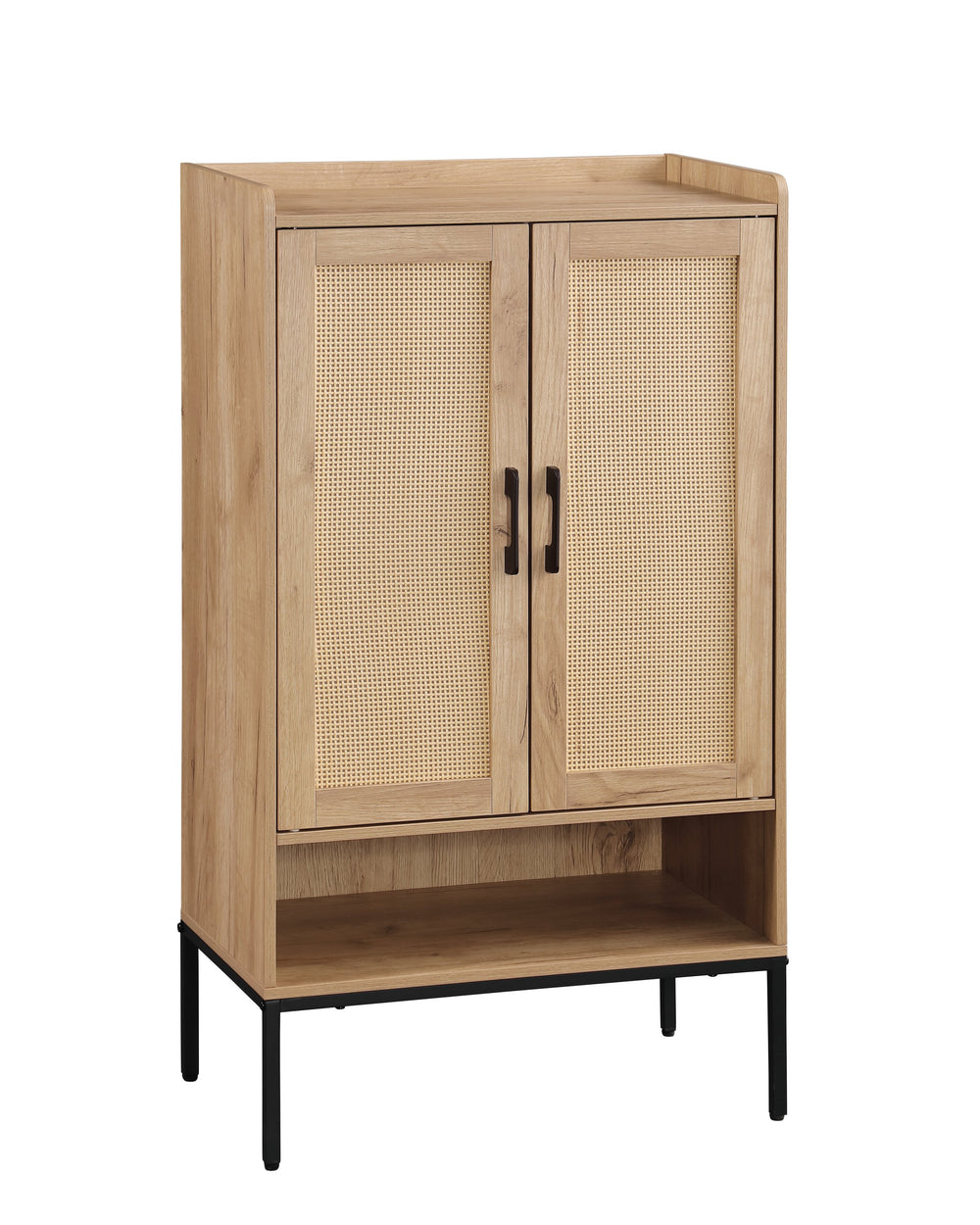 English Elm Shoe Cabinet with Rattan Doors 5-Tier Wooden Shoe Organizer Black+Natural — Ventilated Boho Storage for Entryway W3151P345852