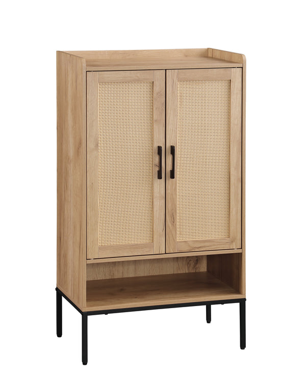 English Elm Shoe Cabinet with Rattan Doors 5-Tier Wooden Shoe Organizer Black+Natural — Ventilated Boho Storage for Entryway W3151P345852