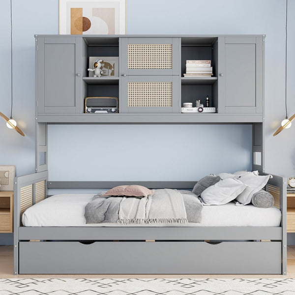 English Elm Twin Size Wooden Daybed With Trundle, Integrated Storage Cabinet & Shelves In Elegant Gray Finish N820S00048E-GIGA