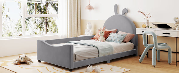 English Elm Twin Velvet Daybed with Sculptural Rabbit Ear Headboard for Kids or Guest Rooms Gray N737P380205E