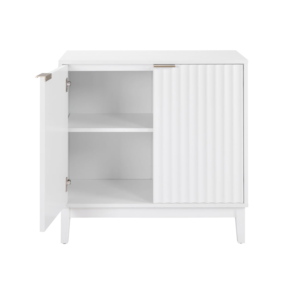 English Elm 2 Door Storage Cabinet with Fluted Fronts and Brass Handles, Mid-Century Accent Console for Entryway White W914P292864