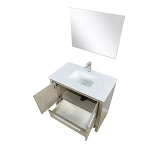 English Elm Rustic Acacia Bath Vanity 36" W With White Quartz Top, Brushed Nickel Faucet & 28" Mirror Set B2731S01947-GIGA