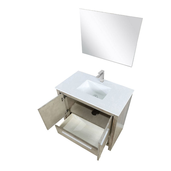 English Elm Rustic Acacia Bath Vanity 36" W With White Quartz Top, Brushed Nickel Faucet & 28" Mirror Set B2731S01947-GIGA