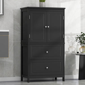 English Elm Bathroom Storage Cabinet with Two Doors and Drawers, Adjustable Shelf, MDF Finish, Slim 28"L x 15"W Black N725P188460B
