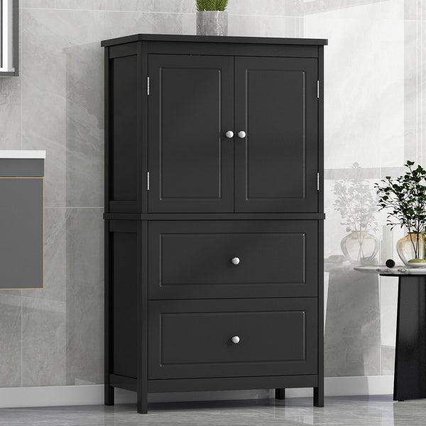 English Elm Bathroom Storage Cabinet with Two Doors and Drawers, Adjustable Shelf, MDF Finish, Slim 28"L x 15"W Black N725P188460B