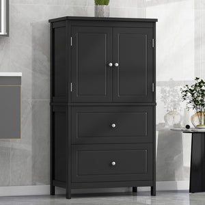 English Elm Bathroom Storage Cabinet, Cabinet With Two Doors and Drawers, Adjustable Shelf, Mdf Board, Black