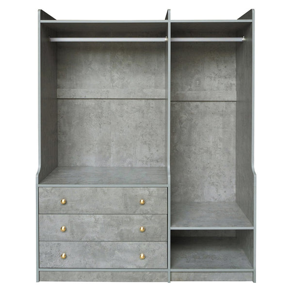 English Elm Open Open Wooden Wardrobe with 2 Rods, 5 Shelves & 3 Drawers — Modern Gray White Storage Solution N820S00021E