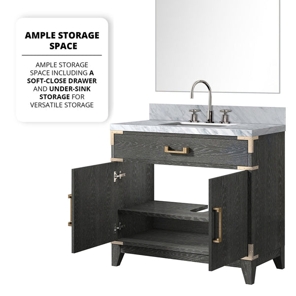 English Elm Black Oak Single Bath Vanity Set With Carrara Marble Top, 34" Mirror & Chrome Faucet For Elegant Style B2731S02219
