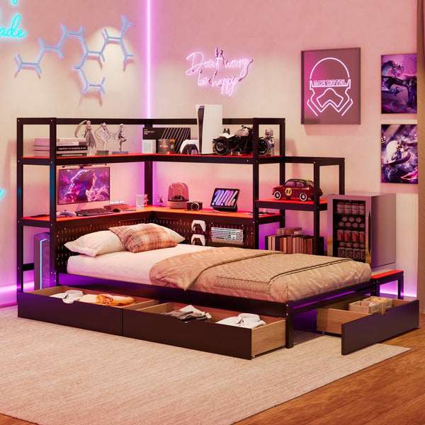 English Elm Twin Gaming Daybed with Led Strips Desk Pegboard Bookcase and Three Storage Drawers Black+Red N820S00083J