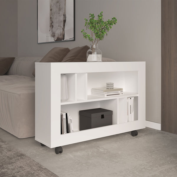 English Elm Joge versatile 37.4" console table cart with six staggered shelves, casters, sleek modern storage solution for entryway and living room White 42.9 L x 16.5 W x 5.5 H B200P286950