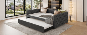 English Elm Full Size Daybed With Twin Trundle, Elegant Upholstered Sofa Bed, Button Tufted Gray Design W1580S00081