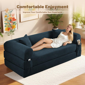 English Elm Convertible Corduroy Sleeper Sofa Queen Fold Out Bed with Dual Storage Pockets Navy Blue W3396P483181