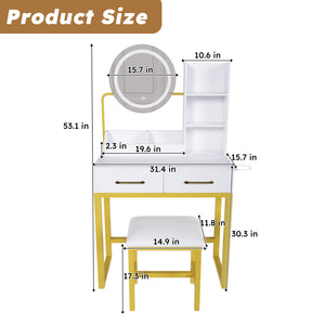 English Elm Makeup Vanity Table with LED Lights, Built-In Outlet & USB, Large Drawers, Hair Dryer Stand White W509P297014