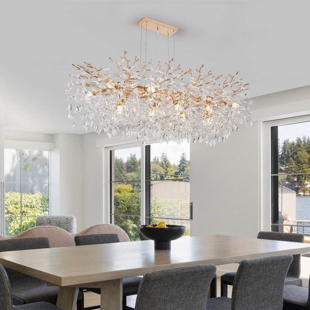 English Elm Modern Gold Branch Crystal Raindrop Chandelier 14 Light Luxury Dining Room Fixture W1340P461544