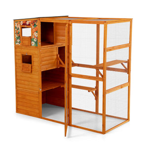 English Elm 70" Outdoor Cat Catio Spruce Wood Weatherproof Enclosure with 4 Tiers and Mesh Run W2181P356201