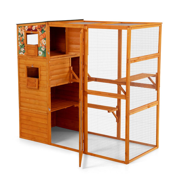 English Elm 70" Outdoor Cat Catio Spruce Wood Weatherproof Enclosure with 4 Tiers and Mesh Run W2181P356201