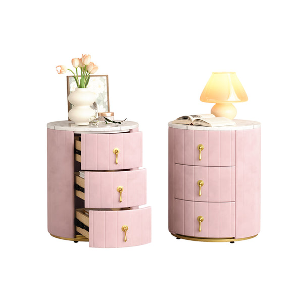 English Elm 2 Upholstered Nightstand Set with 3 Drawers, Round Velvet Bedside Table, Marble Top & Metal Handles Pink 24 L x 19.5 W x 18.89 H N733S272609H