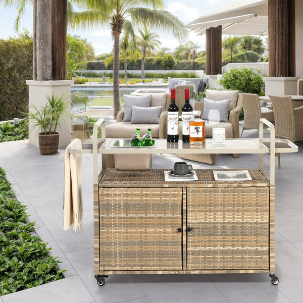 English Elm Outdoor Bar Table Wicker Bar Cart with Cabinet, Weatherproof Steel Top, Locking Wheels & Side Basket for Patio Entertainment Beige W640P253278