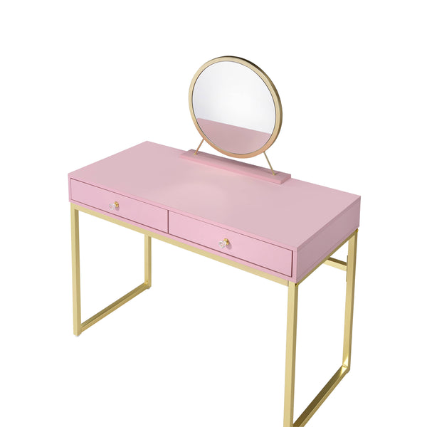 English Elm Coleen Pink & Gold Makeup Vanity Desk with Mirror, Crystal Handles, Jewelry Tray & 2 Drawers Decor B2726P315739