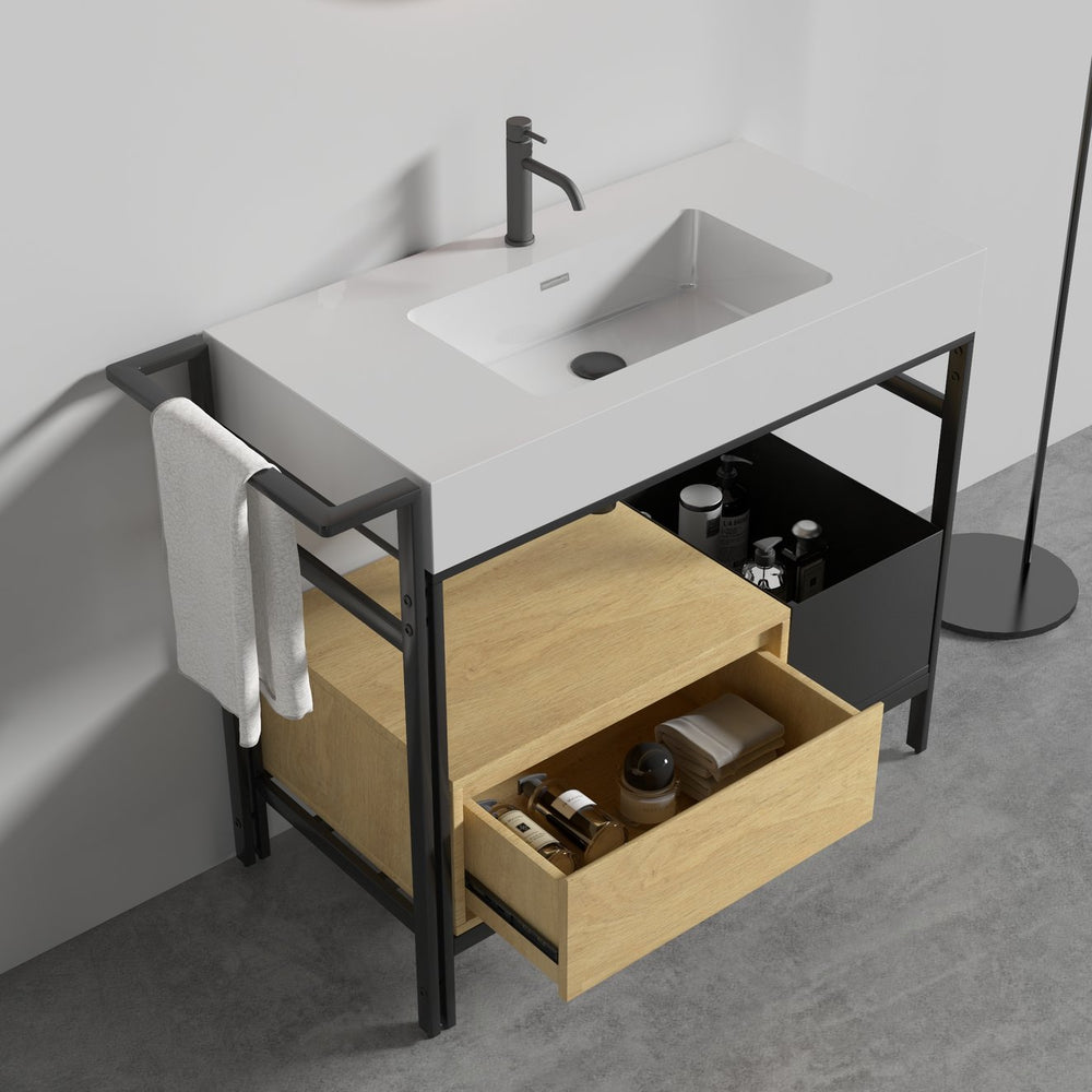 English Elm FORTE 36" Industrial Modular Bathroom Vanity with Durable Metal Frame, Quartz Basin, Soft-Close Drawer Oak,White W1865S00177
