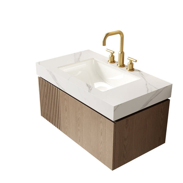 English Elm Muri Floating Bathroom Vanity Plywood Cabinet Sintered Stone Top Woodgrain Finish W2615S00638