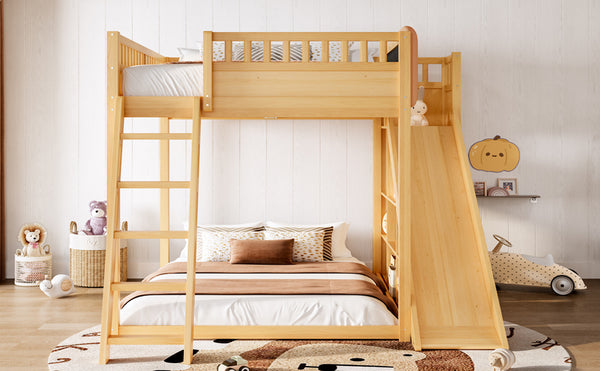 English Elm Full Size Kids Loft Bed Pine Frame Upholstered Headboard Built in Slide and Storage Shelves Natural W1580S00306
