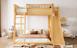 English Elm Full Size Kids Loft Bed Pine Frame Upholstered Headboard Built in Slide and Storage Shelves Natural W1580S00639