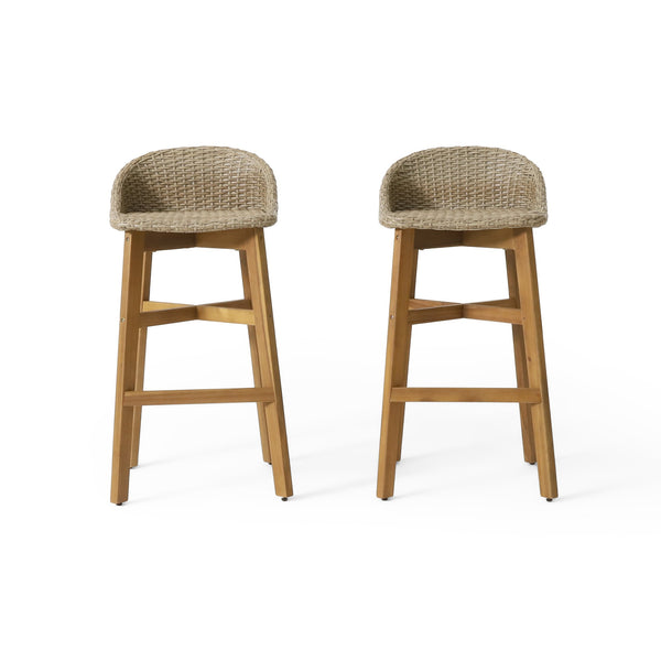 English Elm Christopher Knight Home® - CALERA Beeson 30" Barstool Set of 2 — Acacia Wood Legs, Water-Resistant Wicker Seats, 300 lb Capacity 73532.00MLBRN