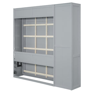 English Elm Full Size Murphy Bed with Open Shelving Wardrobe and Led Lighting for Studio Spaces Gray LP000898AAE
