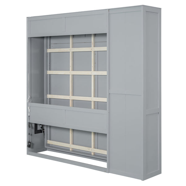 English Elm Full Size Murphy Bed with Open Shelving Wardrobe and Led Lighting for Studio Spaces Gray LP000898AAE