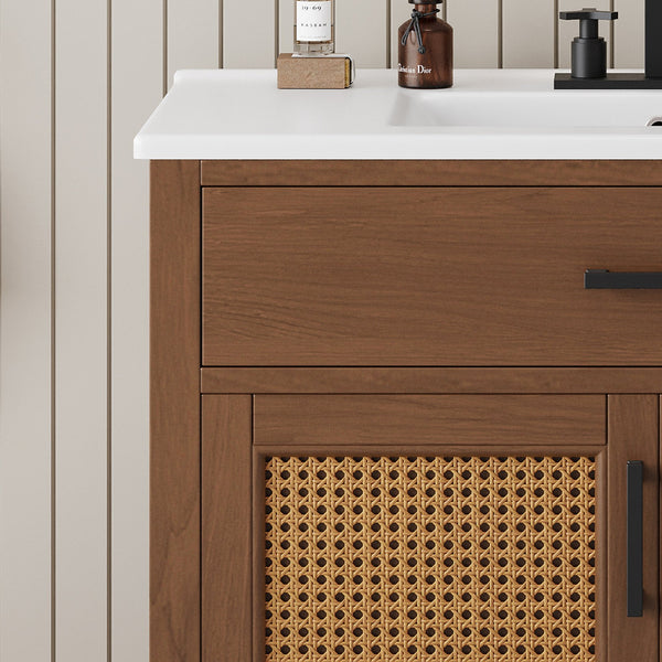 English Elm Christopher Knight Home® - 36" Rattan Bathroom Vanity with Ceramic Sink and Soft-Close Drawers, Handwoven Door Texture, Solid Wood Legs, Spacious Storage Elegance Brown N817P271077B