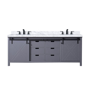 English Elm Dark Grey 84in Double Bath Vanity with Carrara Marble Countertop, Matte Black Faucet, Soft-Close Drawers B2731P260169