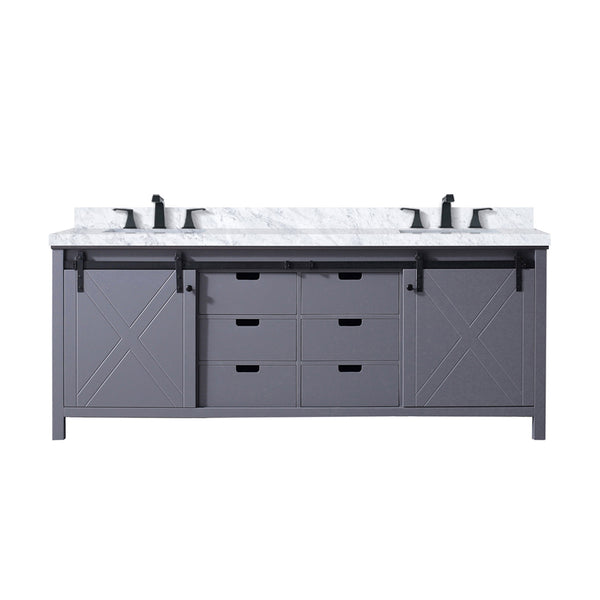 English Elm Dark Grey 84in Double Bath Vanity with Carrara Marble Countertop, Matte Black Faucet, Soft-Close Drawers B2731P260169