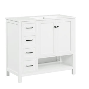 English Elm 36" Freestanding Bathroom Vanity Solid Wood Mdf Cabinet Ceramic Undermount Sink Open Shelf White N725P364203K