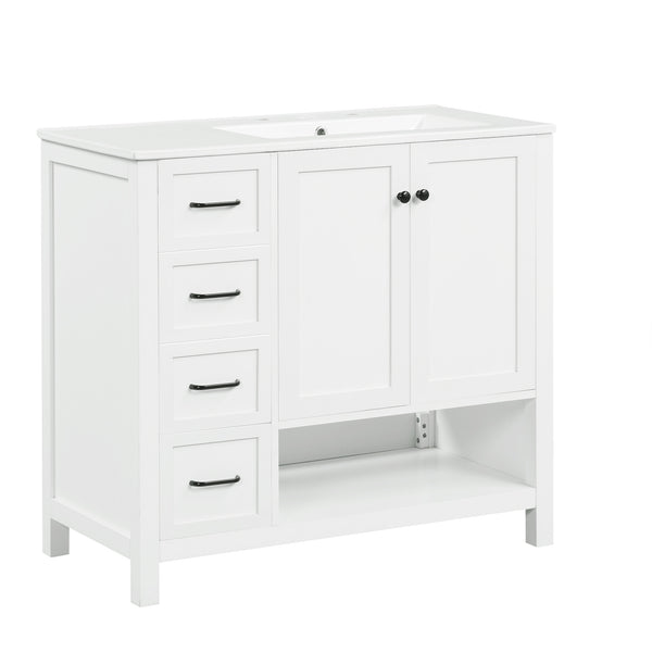 English Elm 36" Freestanding Bathroom Vanity Solid Wood Mdf Cabinet Ceramic Undermount Sink Open Shelf White N725P364203K
