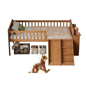 English Elm Twin Platform Kids Bed with Slide Ladder Guardrails Storage Shelf Wood Frame Walnut N733S415411M