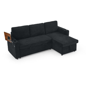 English Elm Modern Chenille Pull-Out Bed Sofa With Led Lights, Usb Ports, Cup Holders & Retractable Table, Black W1413S00098