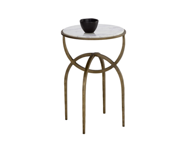 Sunpan Alicent End Table - Stunning Round Marble Top with Antique Brass Iron Base, Handcrafted Elegance White Marble