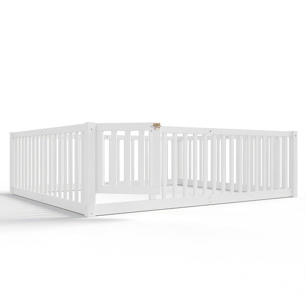 English Elm Queen Kids Floor Bed Pine Wood Frame with Safety Rails Door and Low Profile Design Light White W1580P417672