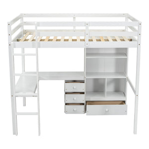 English Elm Full Size Loft Bed With Integrated Desk, Storage Shelves, Drawers & Safe Ladder - Stylish & Space-Saving W504S00161
