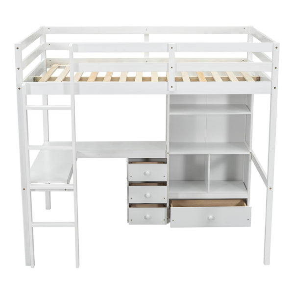 English Elm Full Size Loft Bed With Integrated Desk, Storage Shelves, Drawers & Safe Ladder - Stylish & Space-Saving W504S00161