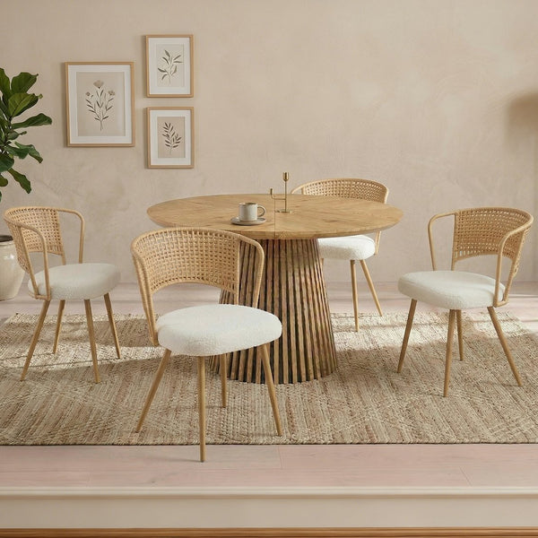 English Elm Round Wood Top Dining Set with Rattan High Back Chairs for Farmhouse Kitchen Nooks Brown,Natural W3590S00019
