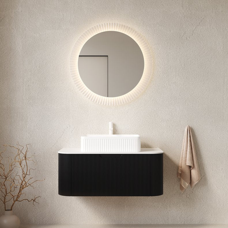 English Elm Dina Floating Bathroom Vanity Sintered Stone Top Glass Basin Striped Plywood Cabinet W2615S00401