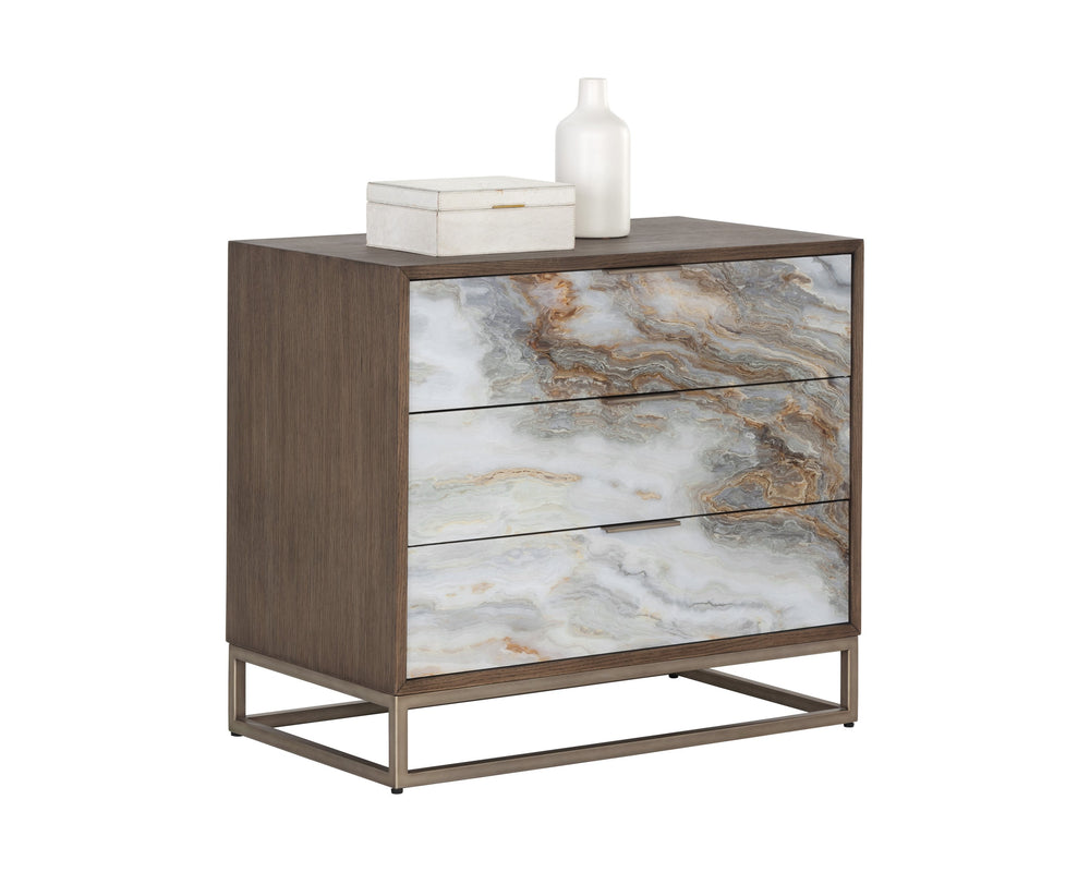 Sunpan Fuentes Nightstand - Luxurious Brown Oak Veneer with Mother of Pearl Design & Brass Steel Base Storage