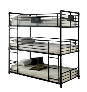 English Elm Twin Industrial-Style Triple Bunk Bed - Sturdy Metal Frame, Antique Black Finish, Dual Ladders & Guard Rails B2741S00393-GIGA