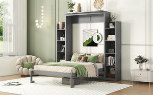 English Elm Full Size Murphy Wall Bed with Led Lighting Side Storage Cabinets and Slatted Support Gray LP000694AAE-1