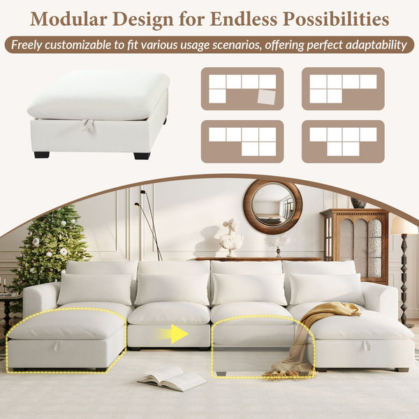 English Elm U_style Modular U-shaped Sectional Sofa Six Seat Linen Fabric with Storage Ottomans Beige WY000491AAA